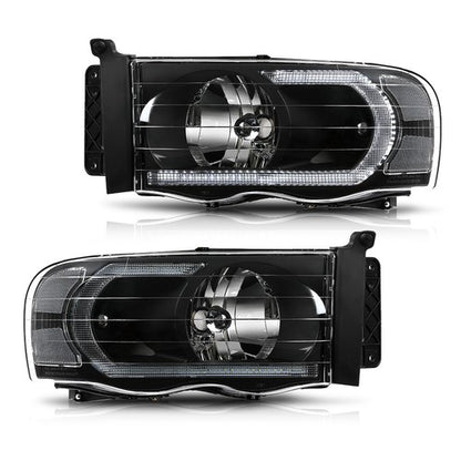 Solid Spare Clear/Black LED Tube DRL Headlights Fit For 2002-2005 Dodge Ram 1500 2500 3500