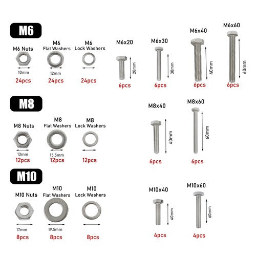 Solid Spare 176 Pieces M6 M8 M10 Bolts and Nuts Flat Washers Combination Kit Stainless Steel