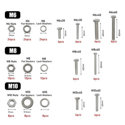 Solid Spare 176 Pieces M6 M8 M10 Bolts and Nuts Flat Washers Combination Kit Stainless Steel