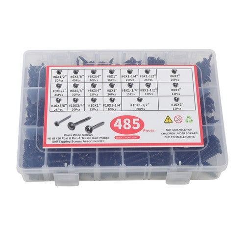 Solid Spare 485Pcs Black Wood Screws Assortment Kit, #6#8#10 round Head,Truss Head,Flat Head