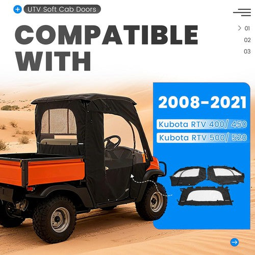 Solid Spare PVC Soft Doors Cab Enclosure & Rear Window For Kubota RTV400 RTV450 2008-2021