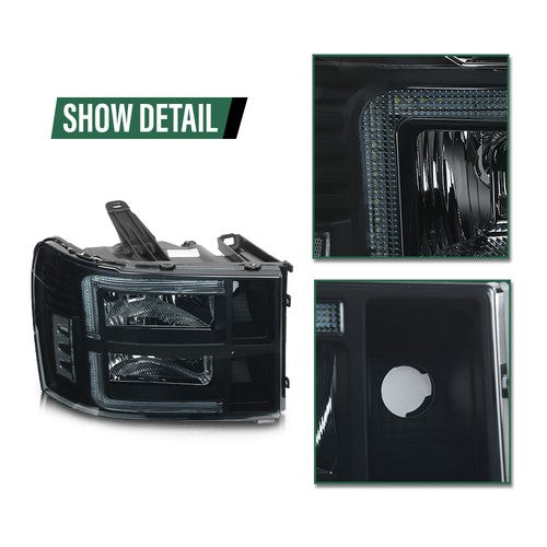 Solid Spare Fit For 07-14 GMC Sierra 1500 2500 3500 Smoke Lens LED Tube DRL Headlights