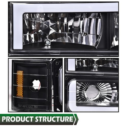 Solid Spare Fit For 88-98 Chevy GMC Sierra C/K Silverado Black LED Tube Headlights Headlamp