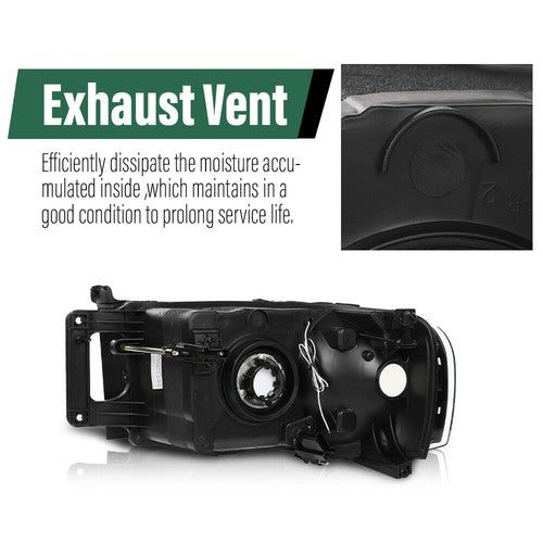 Solid Spare Clear/Black LED Tube DRL Headlights Fit For 2002-2005 Dodge Ram 1500 2500 3500