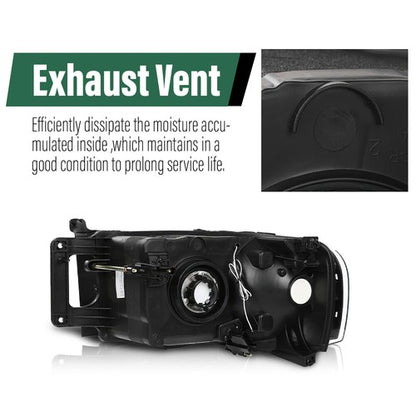 Solid Spare Clear/Black LED Tube DRL Headlights Fit For 2002-2005 Dodge Ram 1500 2500 3500
