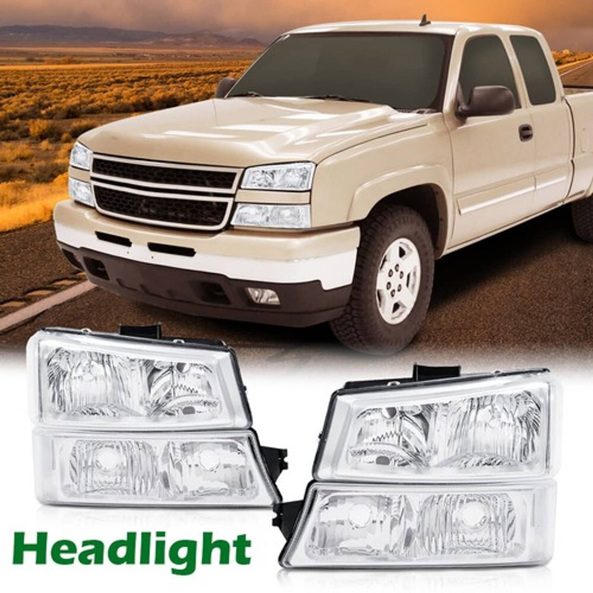 Solid Spare Fit For 03-06 Silverado Chrome Clear Corner Headlights + Signal Bumper Lamps