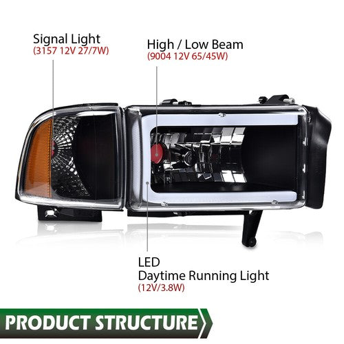 Solid Spare Amber Corner Black LED DRL Headlights Fit For 94-02 Dodge Ram 1500 2500 3500