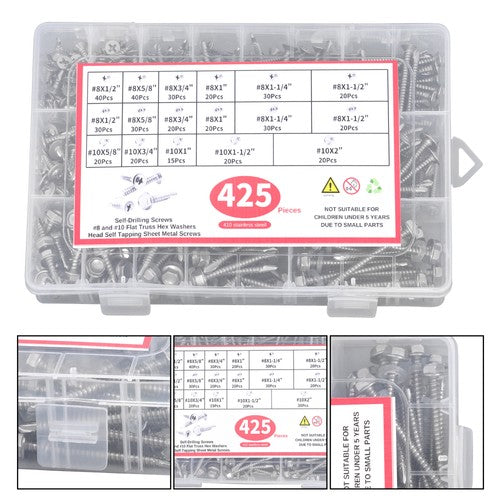 Solid Spare 410 Stainless Steel Self Tapping Screws for Metal, 425PCS #8#10 Assortment Set