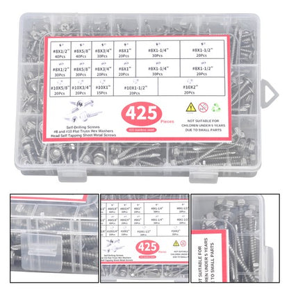 Solid Spare 410 Stainless Steel Self Tapping Screws for Metal, 425PCS #8#10 Assortment Set