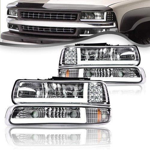 Solid Spare LED DRL Chrome Headlights Fit For 99-02 Chevy Silverado/00-06 Suburban Tahoe