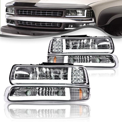 Solid Spare LED DRL Chrome Headlights Fit For 99-02 Chevy Silverado/00-06 Suburban Tahoe