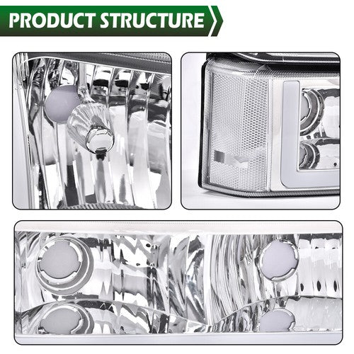 Solid Spare Clear/Chrome Headlights W/ LED DRL Fit For 2003-2006 Chevy Silverado/Avalanche