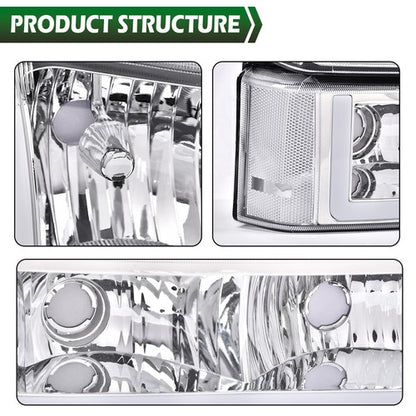 Solid Spare Clear/Chrome Headlights W/ LED DRL Fit For 2003-2006 Chevy Silverado/Avalanche