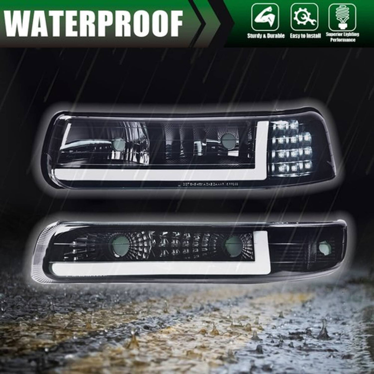Solid Spare Fit For 99-02 Chevy Silverado/00-06 Suburban Tahoe LED BAR DRL Black Headlights