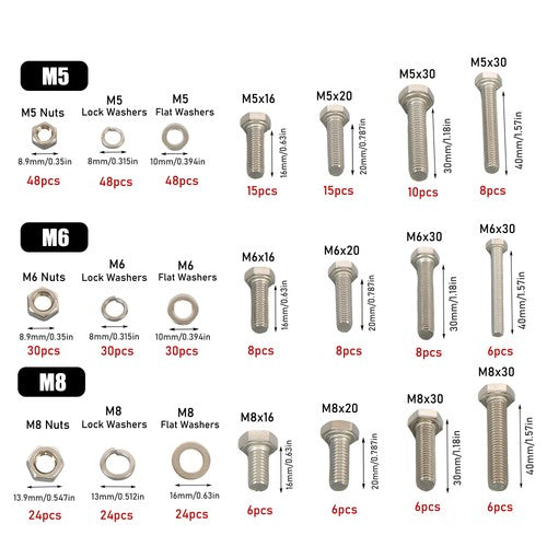 Solid Spare M5 M6 M8 Bolts and Nuts Flat & Lock Washers Combination Kit 408 Pack