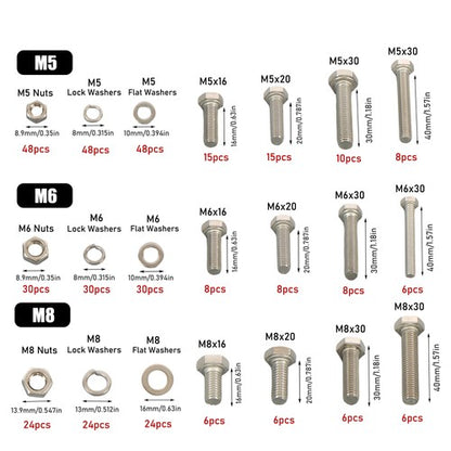 Solid Spare M5 M6 M8 Bolts and Nuts Flat & Lock Washers Combination Kit 408 Pack