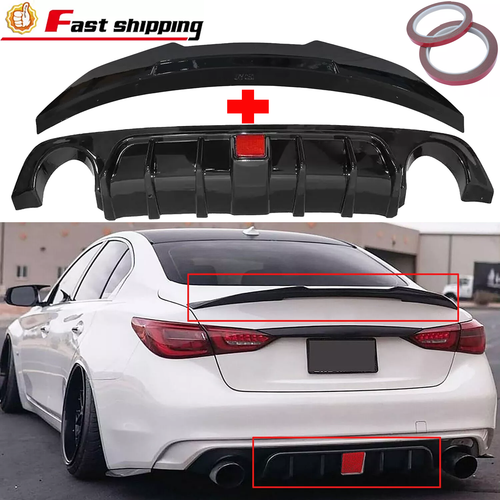 Glossy Black Rear Bumper Diffuser & Rear Spoiler Fit for 2018-2023 Infiniti Q50