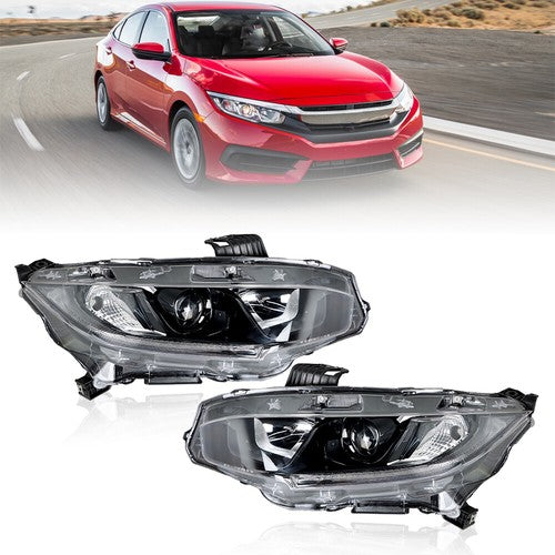 Solid Spare Black Front Headlight Assembly Clear Lens LH+RH Pair For Honda Civic 2016-2021