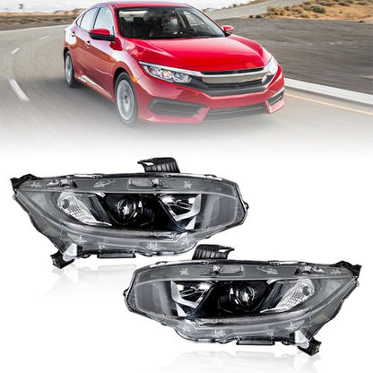 Solid Spare Black Front Headlight Assembly Clear Lens LH+RH Pair For Honda Civic 2016-2021