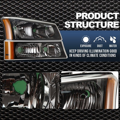 Solid Spare Fit For 2003-2006 Chevy Silverado Clear/Black Amber Signal Headlights Headlamps