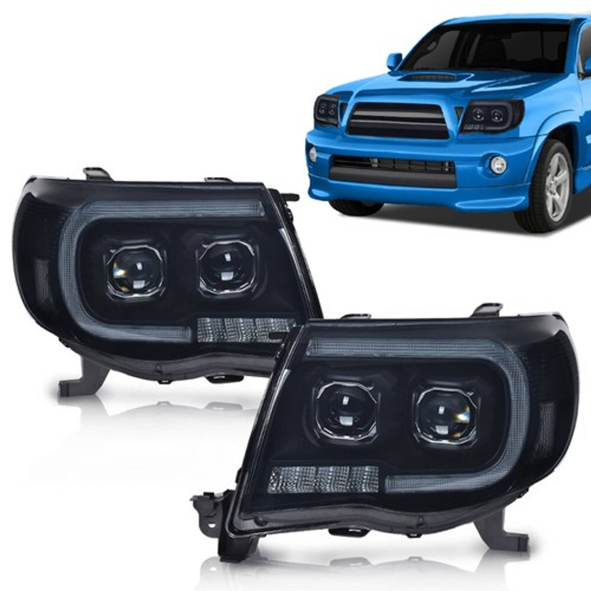 Solid Spare Fit For 2005-2011 Toyota Tacoma Smoke Lens Black Dual LED Projector Headlights