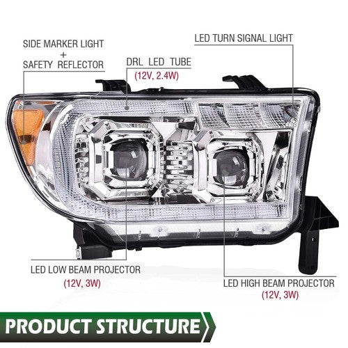 Solid Spare Fit For 07-13 Tundra 08-17 Sequoia Chrome/Amber LED Tube Projector Headlights