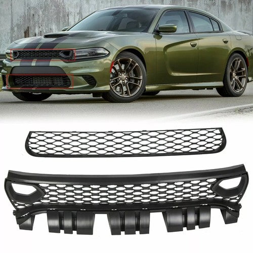 Solid Spare For 2015-23 DODGE CHARGER RT SCAT PACK SRT STYLE Front Upper + Lower Grille Kit