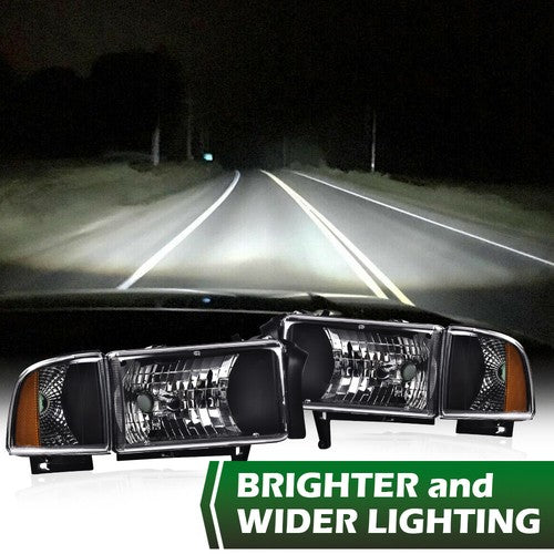 Solid Spare Amber Corner Black Headlights Assembly Fit For 94-02 Dodge Ram 1500 2500 3500