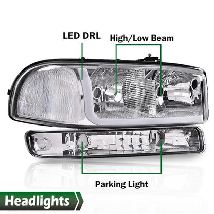 Solid Spare LED DRL Clear Chrome Headlights+Bumper Lamps Fit For 1999-2007 GMC Sierra/Yukon