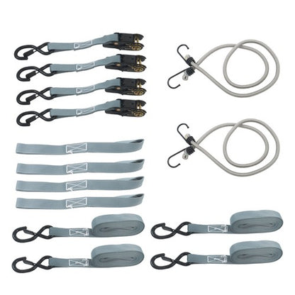 Solid Spare 4 Pack Ratchet Strap Polyester Gray 2200lbs 1in*15ft S Hook 36' Stretch Cord*2