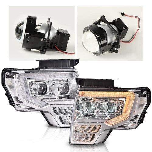Solid Spare Fit For 09-14 Ford F-150 Dual LED Projector Chrome Headlights Left+Right