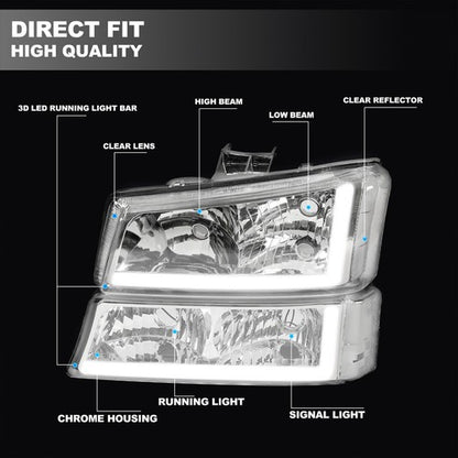 Solid Spare For 2003-2006 07 Chevy Silverado 1500 2500 3500 Headlights+Bumper Light LED DRL