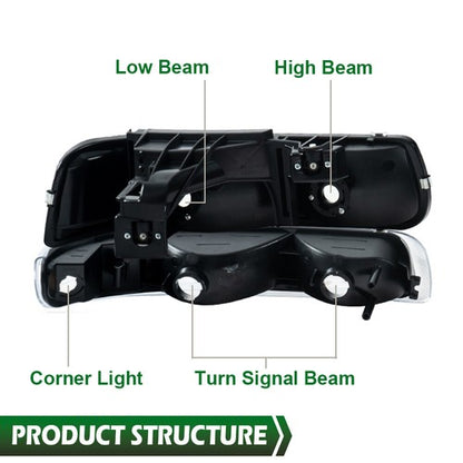 Solid Spare Fit For 99-02 Silverado/00-06 Suburban Chrome Clear Headlights + Fog Lights