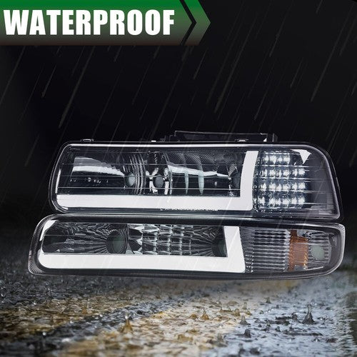 Solid Spare Fit For 99-02 Chevy Silverado 00-06 Tahoe LED DRL Smoke Headlights+Bumper Lamps