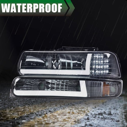 Solid Spare Fit For 99-02 Chevy Silverado 00-06 Tahoe LED DRL Smoke Headlights+Bumper Lamps