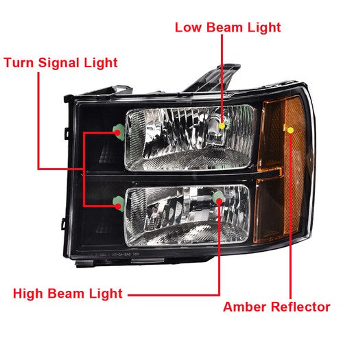 Solid Spare Fit For 07-13 GMC Sierra 1500 2500HD 3500HD Clear Lens Black Headlights
