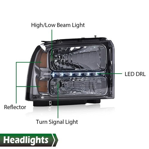 Solid Spare Fit For 2005-2007 F250 F350 F450 Super Duty LED DRL Headlights Headlamps Smoked