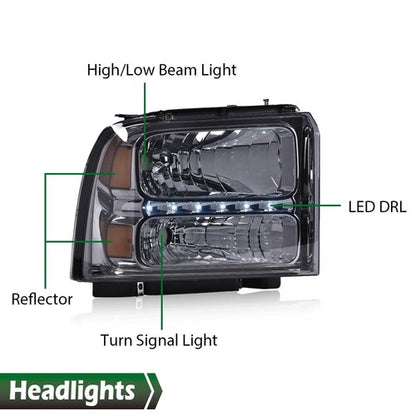 Solid Spare Fit For 2005-2007 F250 F350 F450 Super Duty LED DRL Headlights Headlamps Smoked