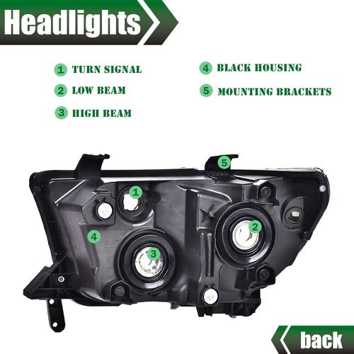 Solid Spare Fit For 07-13 Toyota Tundra/08-17 Sequoia Smoke Lens Black Headlights
