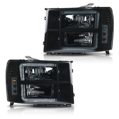 Solid Spare Fit For 07-14 GMC Sierra 1500 2500 3500 Smoke Lens LED Tube DRL Headlights
