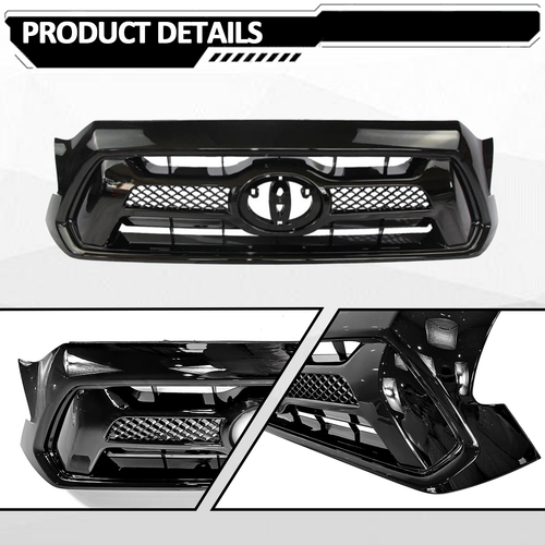 For 2012 2013 2014 2015 Toyota Tacoma Front Bumper Gloss Black Grille Grill