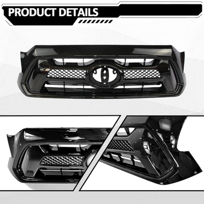 For 2012 2013 2014 2015 Toyota Tacoma Front Bumper Gloss Black Grille Grill