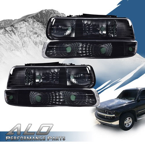 Solid Spare Fit For 1999-2002 Chevy Silverado Smoke Lens Black Housing Headlights Headlamps