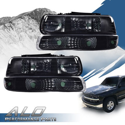 Solid Spare Fit For 1999-2002 Chevy Silverado Smoke Lens Black Housing Headlights Headlamps
