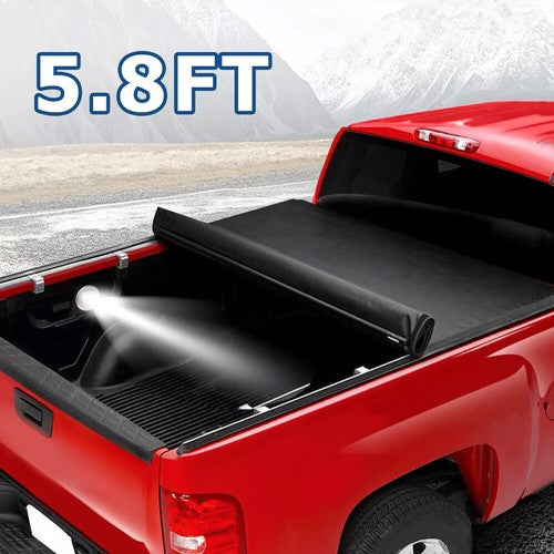 Solid Spare Soft Roll Up 5.8 FT Tonneau Cover w/Light For 07-25 GMC Sierra Silverado 1500