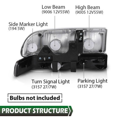 Solid Spare Fit For 98-04 Chevy S10 Blazer Chrome/Clear Corner Headlights Bumper Headlamps
