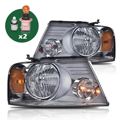 Solid Spare Headlights Fit For 2004-2008 Ford F-150 F150 Pickup Smoke Lens Amber Corner Pair