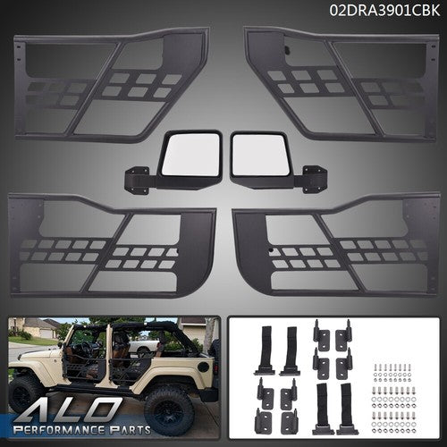 Solid Spare Fit For 07-18 Jeep Wrangler JK 4 Door Iron Tube Doors & Side View Mirrors Black