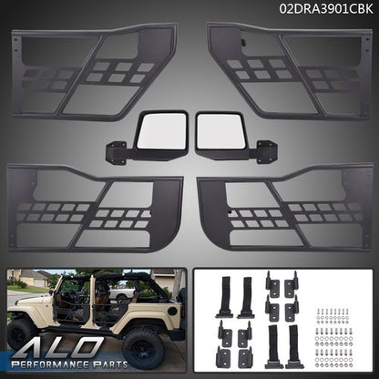 Solid Spare Fit For 07-18 Jeep Wrangler JK 4 Door Iron Tube Doors & Side View Mirrors Black