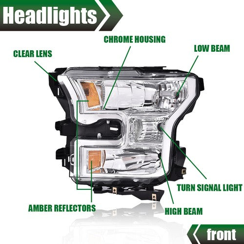 Solid Spare Chrome Headlights Amber Corner Headlamp For 2015-2017 Ford F150 F-150 Left+Right